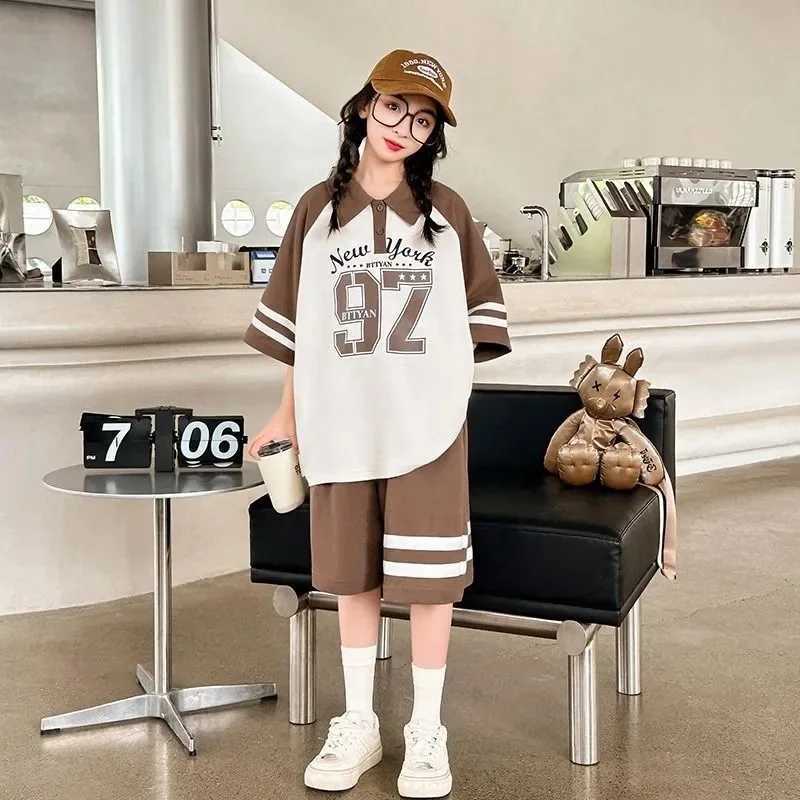 Clothing Sets Summer Children Girl Clothes Set Striped Letter Polo T-shirts and Shorts Suit Teenage Fashion Short Sleeve Top Bottom OutfitsY241225091J