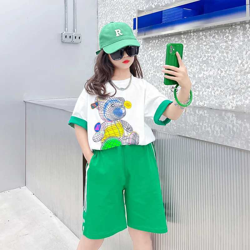 Clothing Sets Summer Children Boy Clothes Set Fashion Kid Girls Bear Printed Short Sleeve T-shirts and Shorts Suit Teenage Top Bottom OutfitY241225BYA
