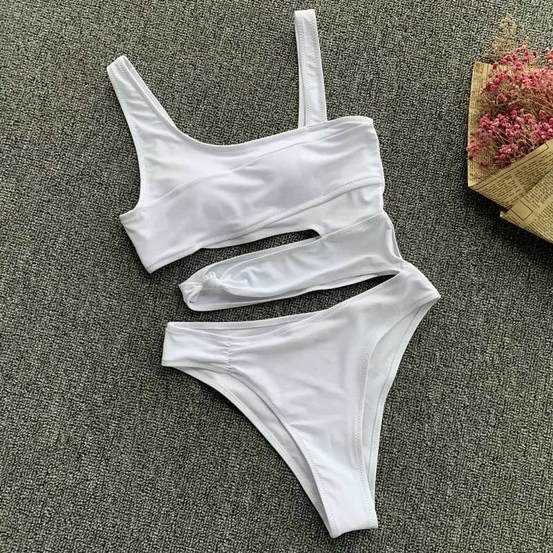 Sexy Bikini Set One Shoulder Bikini One-Piece Swimsuit 2024 Off Shoulder White Patchwork Swimwear Bodysuit Bathing Suit TankiniW250214