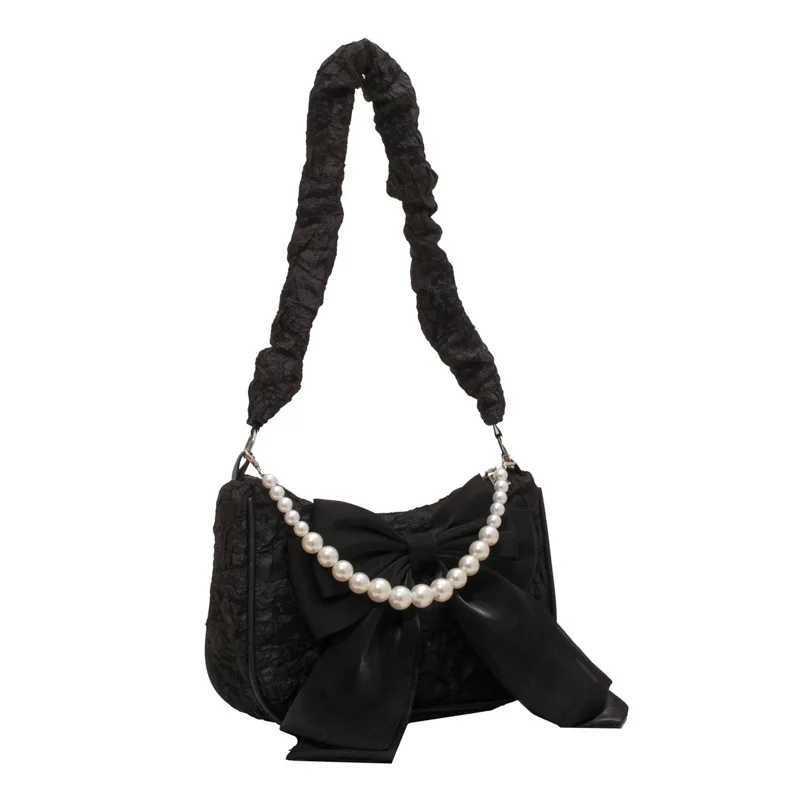 Texture lace pleated bag womens bag womens black pearl shoulder bag bow bracelet fiableXJ241225