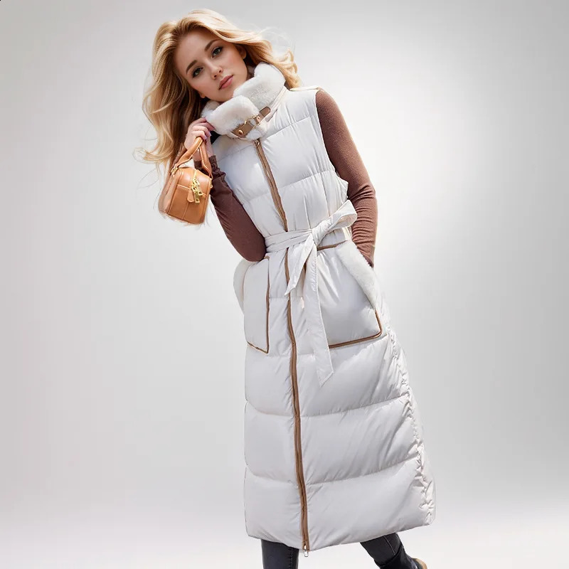 2024 Winter Long Womens Down Cotton Vest Jacket Stylish And HighEnd Plush Stand Collar Cinched Waist Slimmer y241220