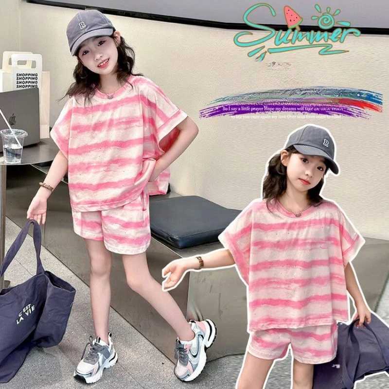 Clothing Sets Summer Baby Girls Clothes Set Pink Stripe Short Sleeve T-shirts and Shorts 2pcs Suit Children Fashion Top Bottom OutfitsY241225ITQN