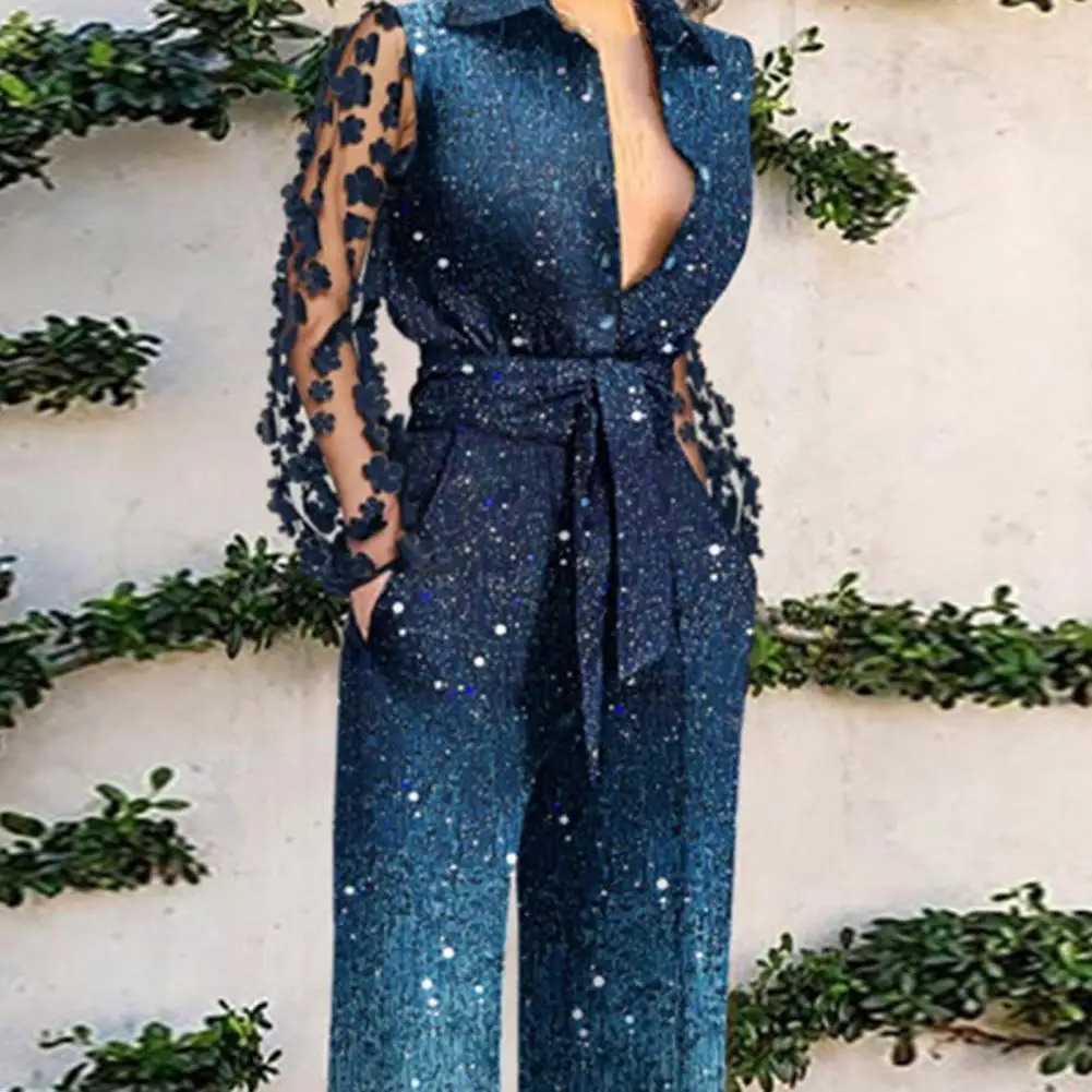 Flower Decor Net Yarn Sleeve Women Jumpsuit TurnDown Collar Patchwork Color Belt Pockets Streetwear 241225