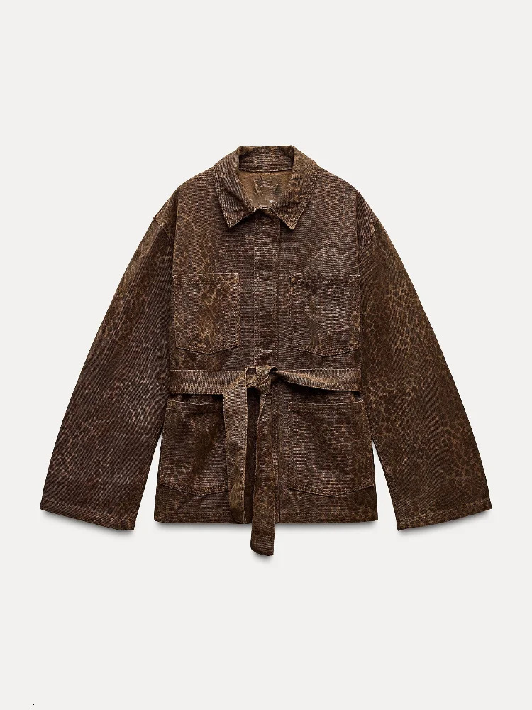 Trendy Leopard Printed Denim Jacket For Women Fashion Lapel Single Breasted Coat With Pockets Belt High Street Outwear 241223