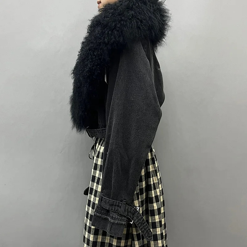 Arrivals Fluffly Real Mongolian Fur Denim Jacket Women Big Collar Natural Fur Coat Lady Fashion Denim Coat 241220