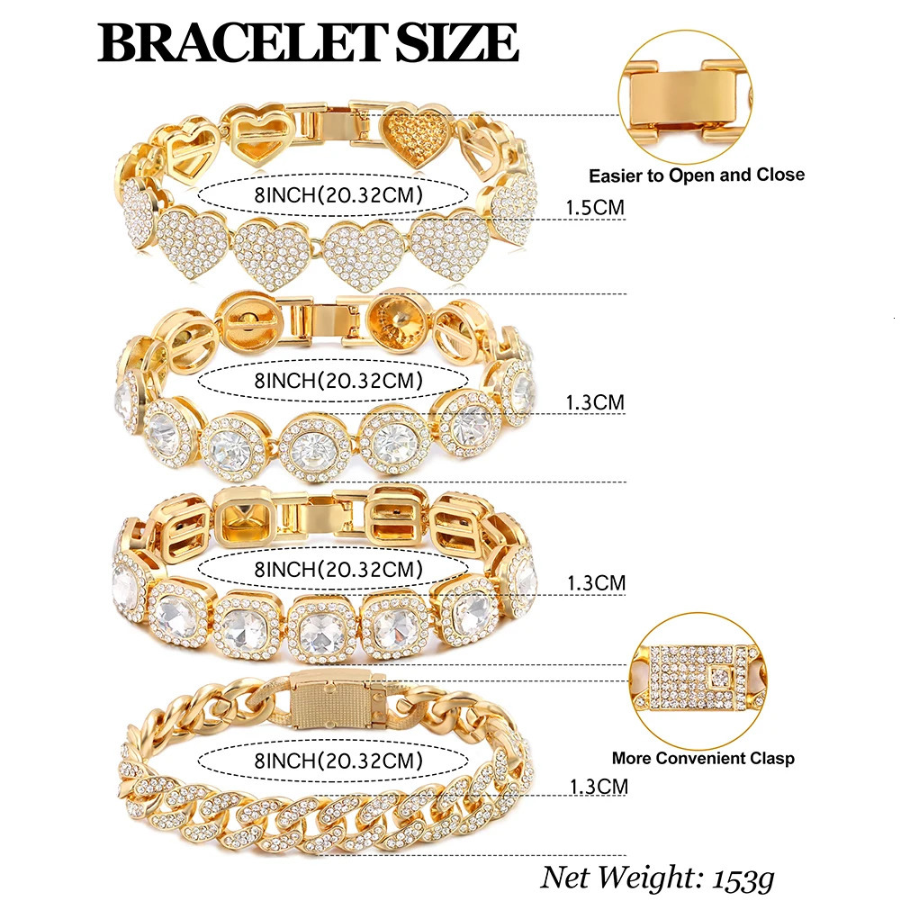 4Pcs Iced Out Chain Cuban Bracelet for Women Men Hip Hop Gold Silver Color Full Rhinestone Heart Circle Square Bracelet Jewelry 241225