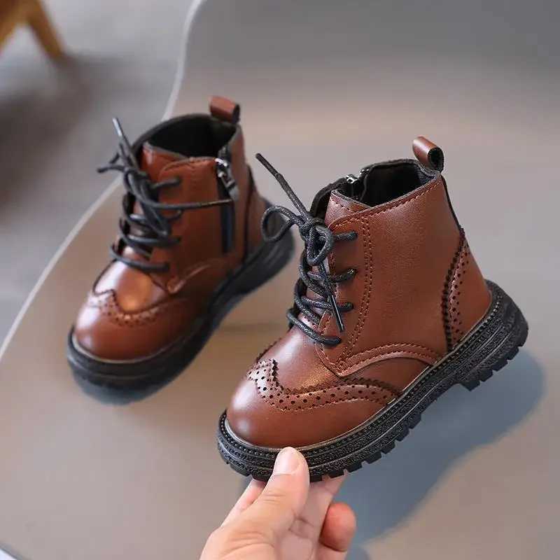 Athletic Outdoor Children Winter Boots Lace Up Side Zipper High Top Shoes Non-slip PU Leather Boots Kids Thick Sole Waterproof Hiking Snow Shoes H2412