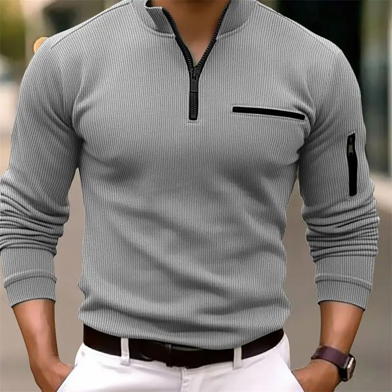 Spring Autumn Fashion Stand Collar Long Sleeve Solid Polo Shirts Mens Clothing Korean Casual All-match Zipper Trend Tops 241224