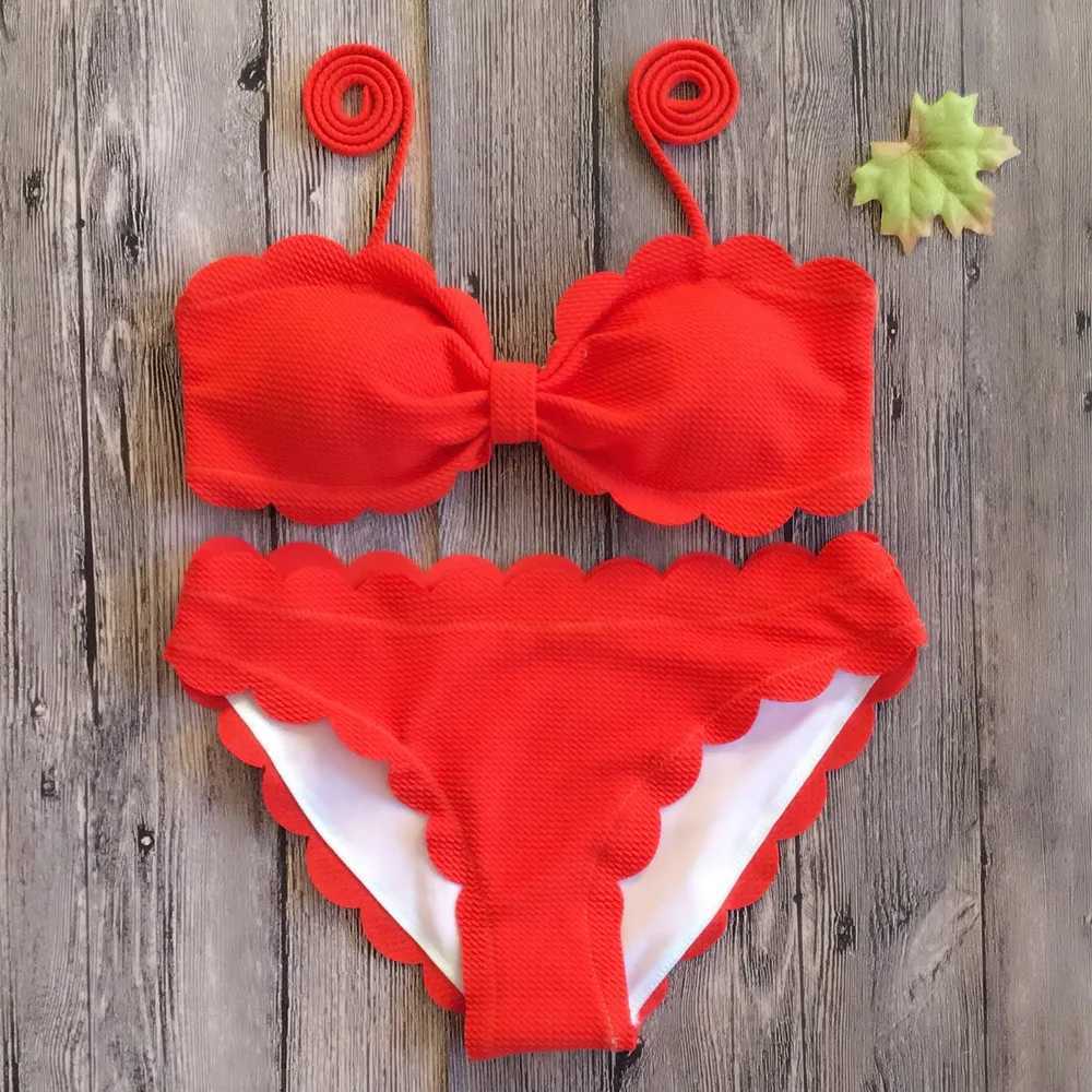 Push Up Bikini 202 Scalloped Trim Swimsuit Womens Swimsuit Black Yellow Red Bandeau Swimsuit Solid Biquini Beach WearW241225