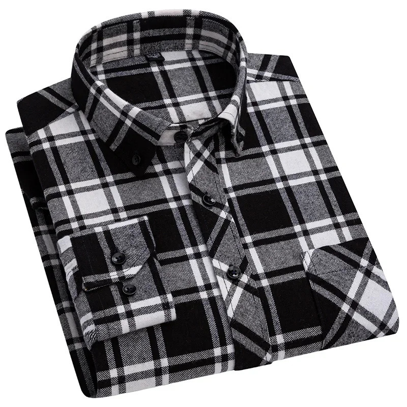 Casual StandardFit Thick Flannel Shirt Plaid Shirts For Men Long Sleeve Pure Cotton Fashion Single Patch Pocket n Young 241224