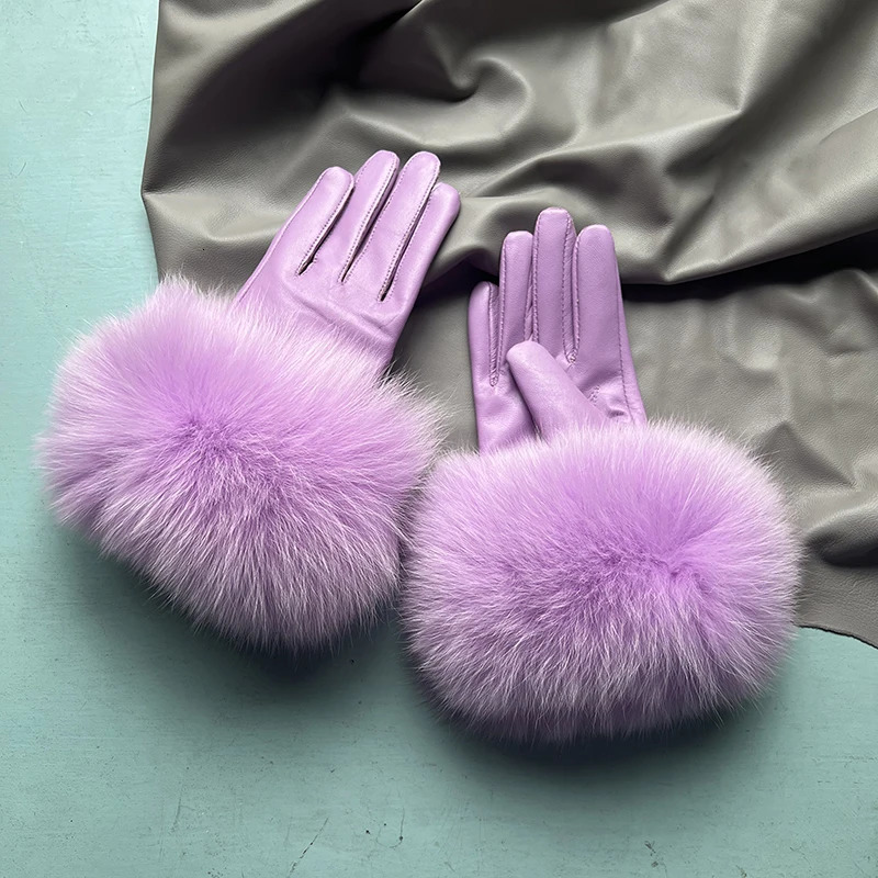 Real Sheepskin Fox Fur Gloves Womens Genuine Leather Glove Winter Warm Fashion Style Natural Fluffy Fox Fur Oversized Customize 241225