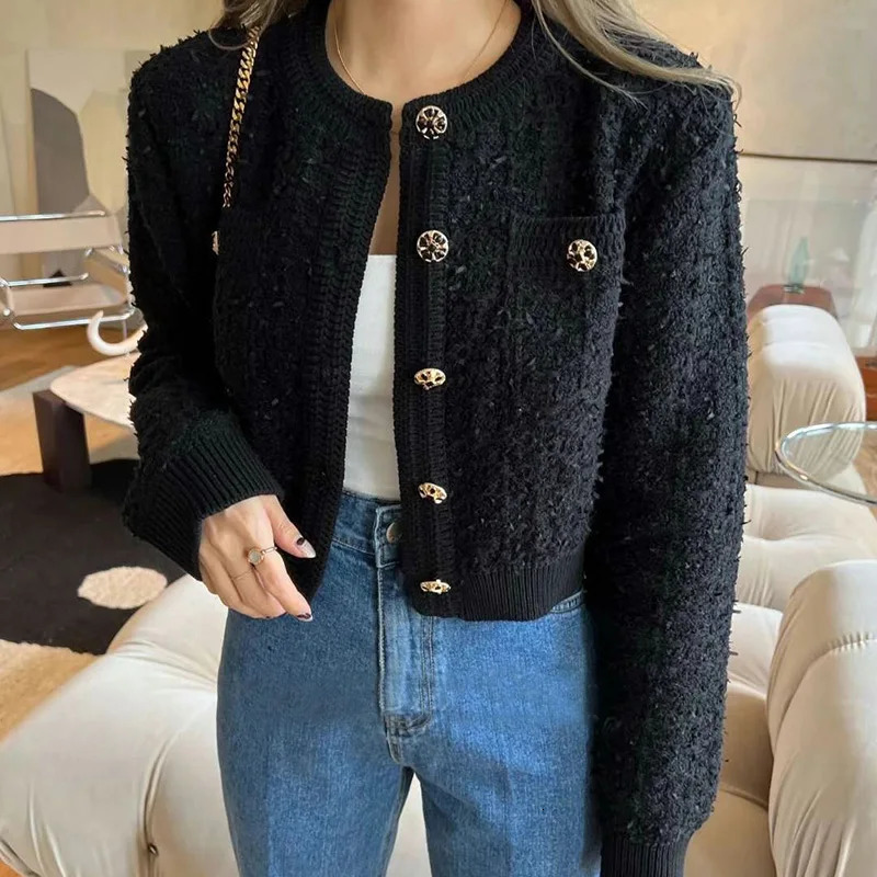 Korean Style Pink Round Neck Cropped Cardigans for Women Chic Button Long Sleeve Knitted Coats Woman Pocket Bling Short Cardigan 241225