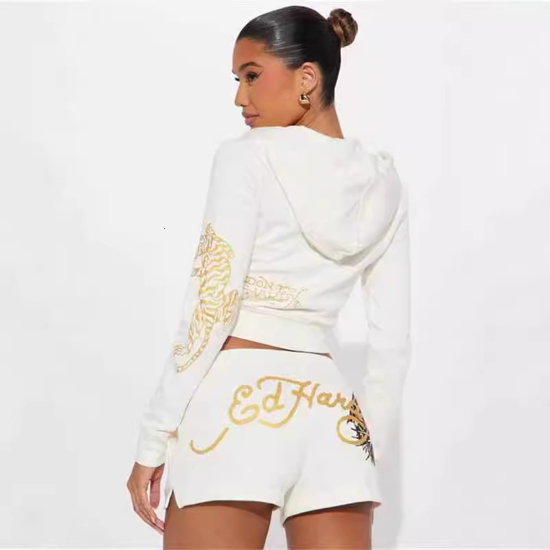 Funny Printed Women 2 Piece Long Sleeve Zipper Hooded Sweatshirts Biker Shorts Matching Set Fall Winter Fiess Outfits