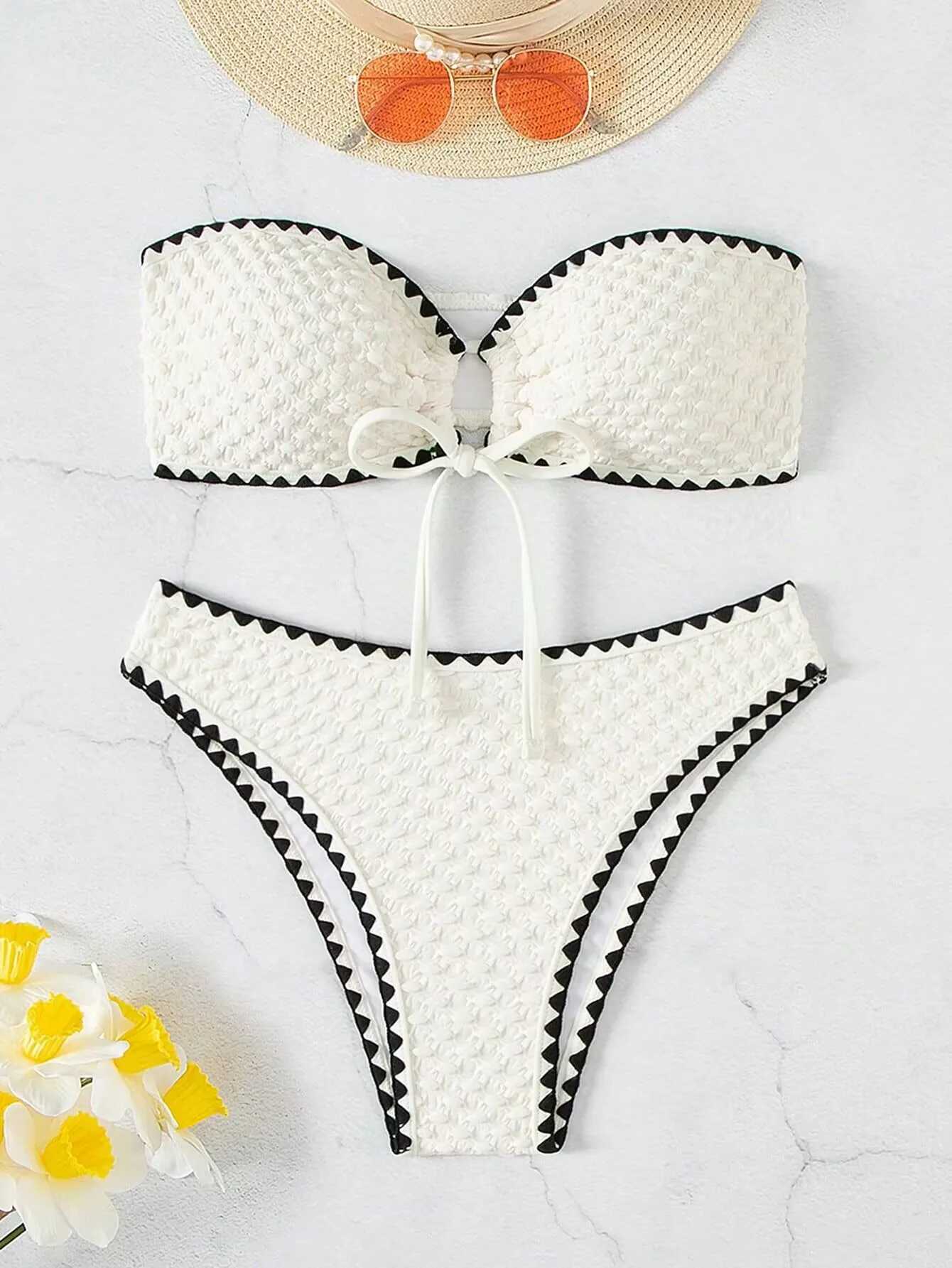 Swimsuit white 2-piece strapless womens swimsuit sexy Bandeau backless bikini set lace patchwork patch work swimsuit 2025 newW241225