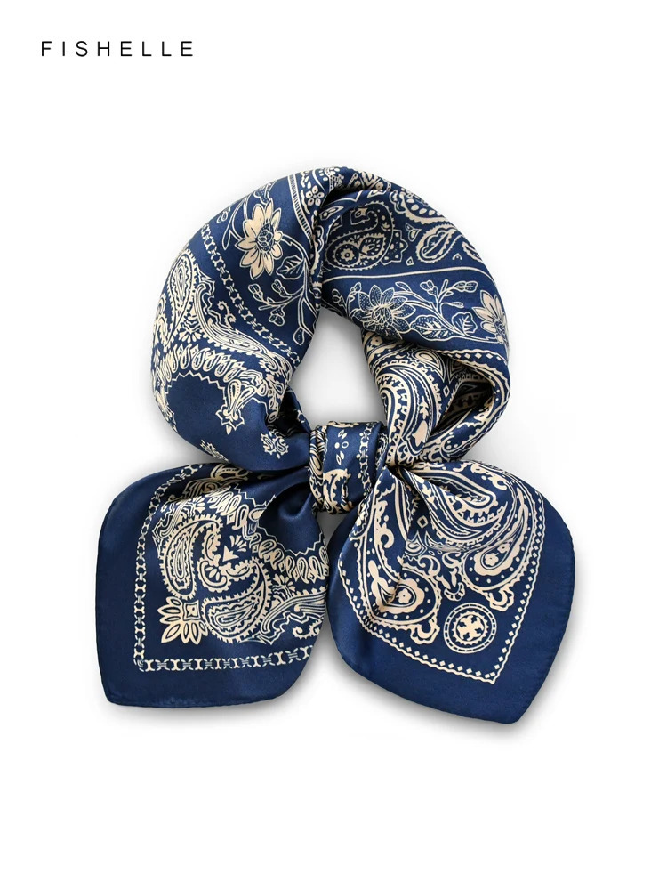 Navy blue Paisley faux natural silk scarves small square scarf hijab shawl gift headband 65cm men women wrap neckerchief 241225