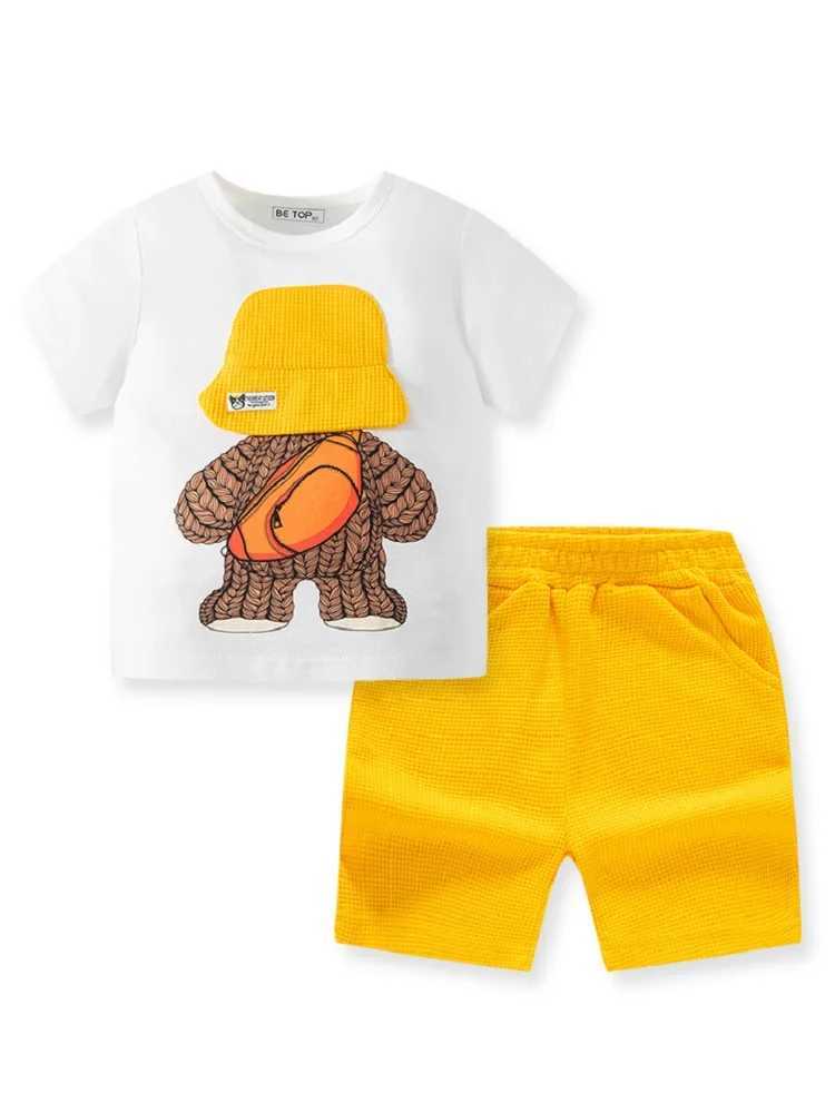 Clothing Sets Summer Baby Girl Boy Cloth Children Sports Cartoon Bear Tshirt and Shorts Set Kid Knit Hat Short Sleeve Top Buttom 2pcs OutfitsY241225KJ