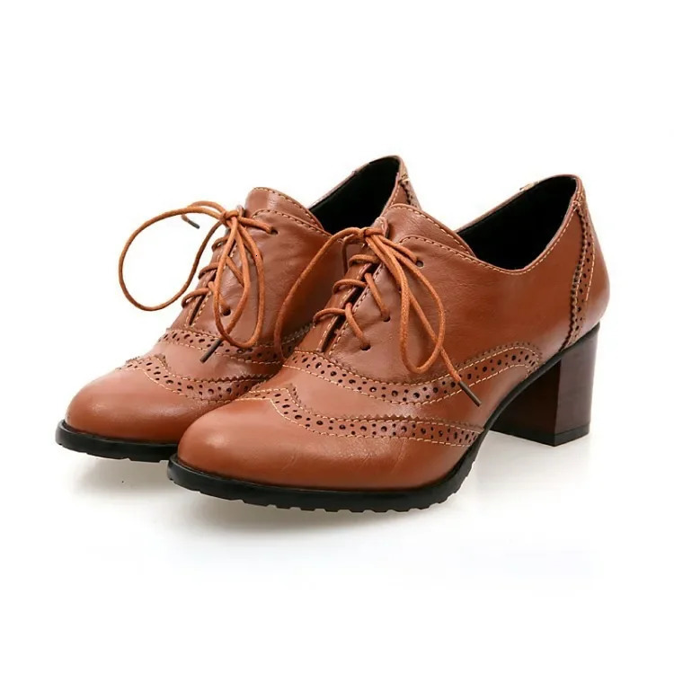 Women Pumps Round Toe 5.5cm Wood Heels Platform Brogue Student Carved Retro Lace-Up Classic Spring 241225
