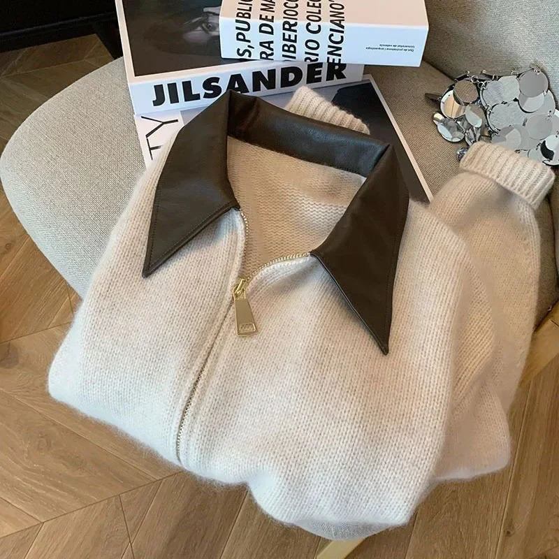 Full Sleeve Solid Women Turn Down Collar Loose Casual Knitted Coats Zipper Autumn Winter 2024 Regular Splice Sweaters Cardigan 241225