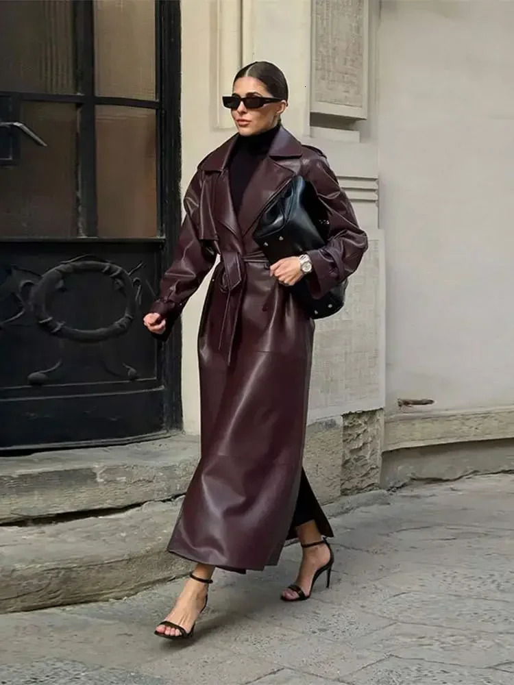 Womens Fashion Belt Button Pu Leather Coat Loose Collar Long Sleeved Burgundy Jacket 2024 Autumn Lady Commute Outerwear 241225