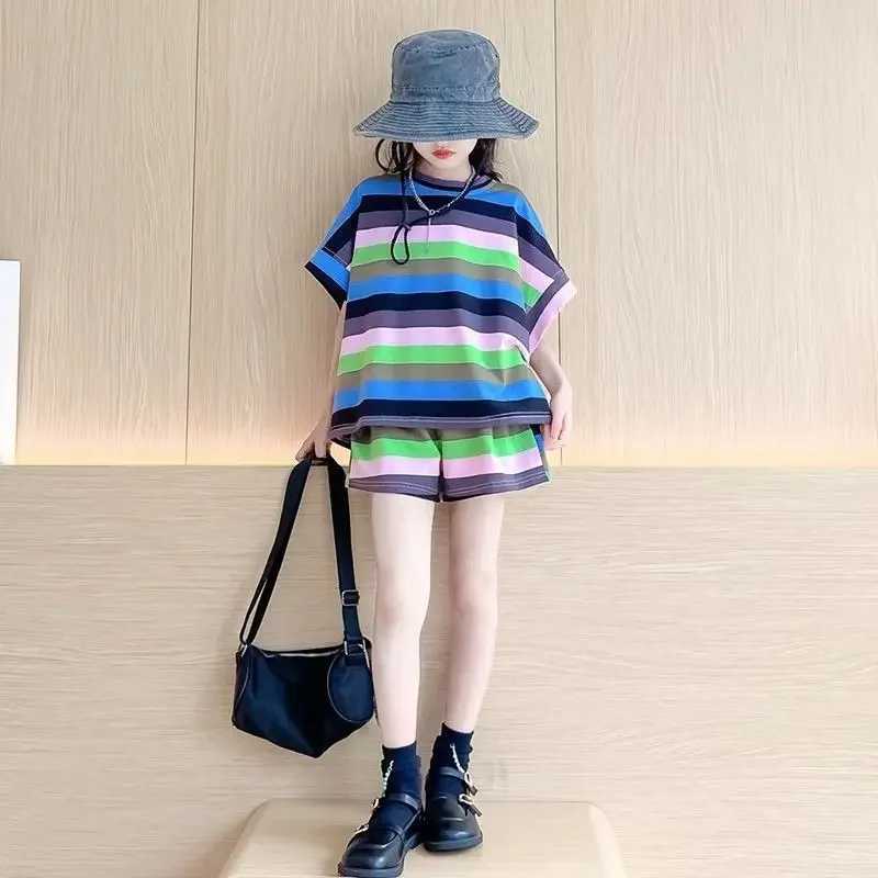 Clothing Sets Summer Children Girls Clothes Set Fashion Stripe Cute T-shirts and Shorts 2pcs Suit Teenage Top Bottom Sweet OutfitsY241225ZV8U