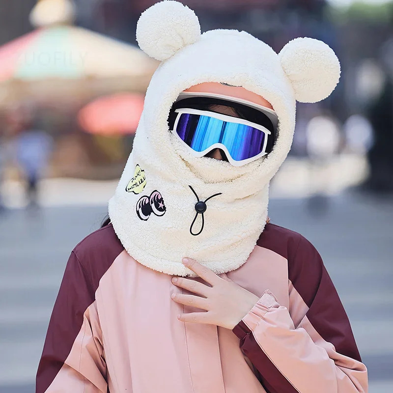 3D Bear Ear Skiing Helmet Cover Panda Skiing Plush Hats Comfortable Soft Wool Winter Outdoors Cute Riding Mask Keep Warm Caps 241225