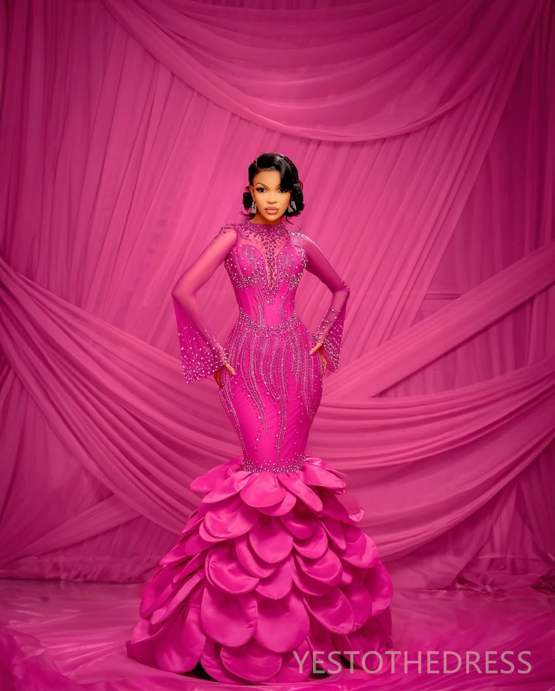 2025 Plus Size Fuchsia Prom Dress For Special Occasions Mermaid Evening Dresses Sheer Neck Long Sleeves Beaded Lacce Birthday Dress Second Reception G