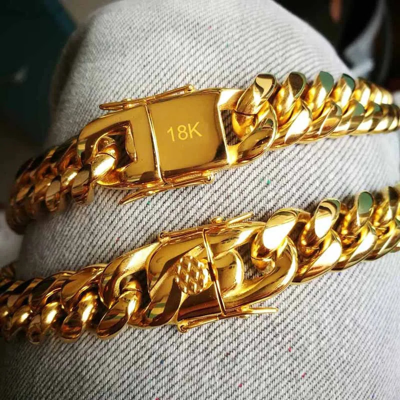 Stainless Steel Miami Curb Cuban Chain Bracelets Hip Hop 18K Stamp Gold Plated Jewelry Men Women Lock Clasp Bangles 7 ~8.5 inch 241225