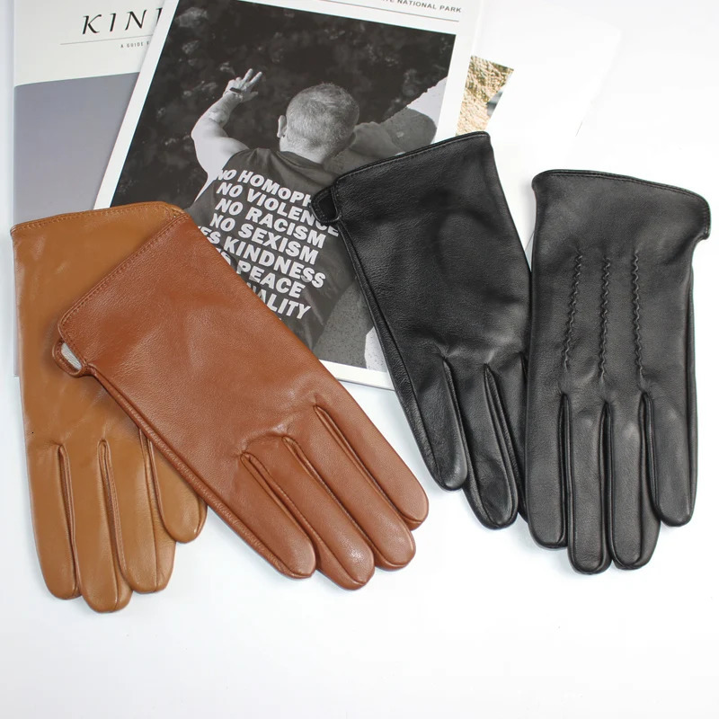 Mens Sheepskin Driving Gloves Solid Color Thin Single Leather Unlined Touch Screen Fashion Ripple Riding Motorcycle Gloves 241225