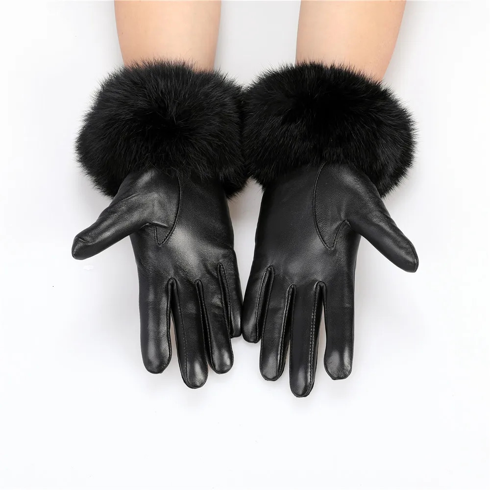 Arrival Wholesale Womens Real Sheepskin Leather Gloves With Rabbit Fur Cuffs Female Cycling Warm gloves Fleece Lining 241225