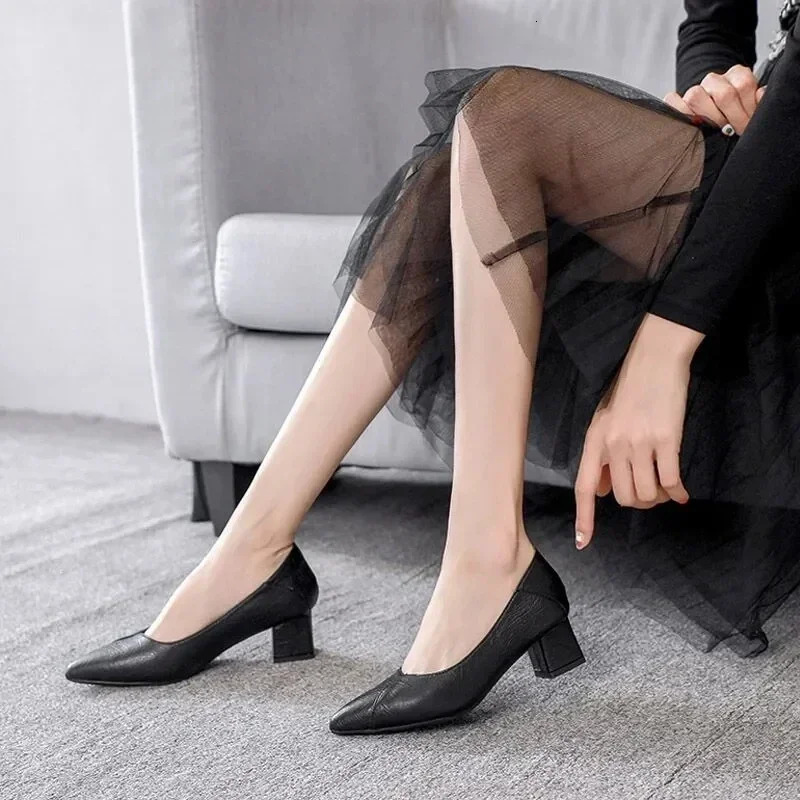 3-5cm Chunky Heeled Women Shoes Square Heel Leather Shoes Pumps Zapatos De Mujer Fashion Office Ladies Single Shoe 241225