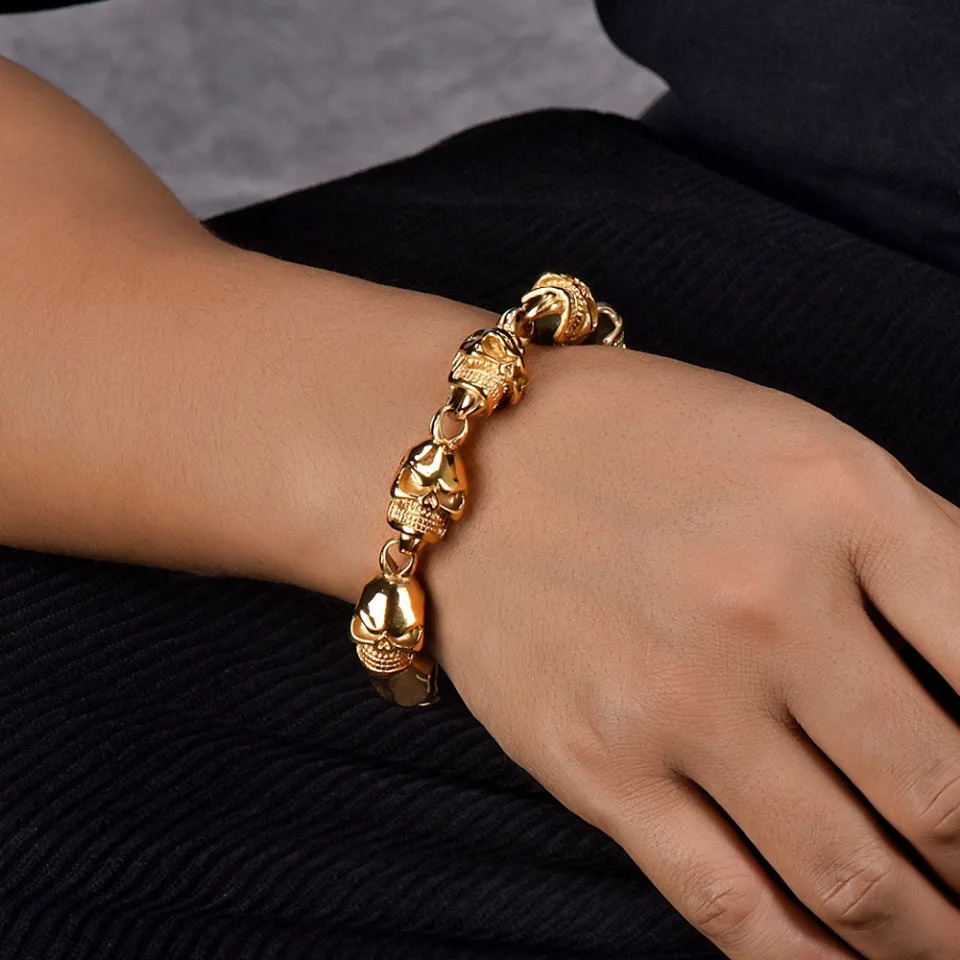 Gothic Vintage Stainless Steel Skull Bracelet Hip Hop Rock Silver/Black/Gold Color Skeleton Bracelets Male Biker Jewelry Gifts 241225