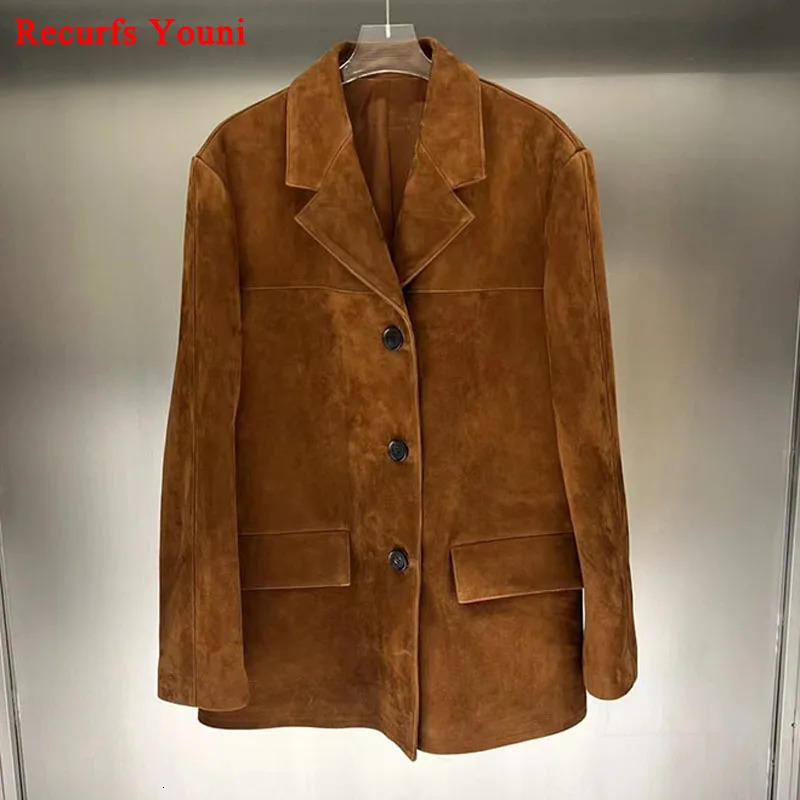 Vintage Brown Kid Suede Jacket for Women 2023 High Sense Loose Oversized Leather Suit Blazer Female Casual Coat Streetwear 241225