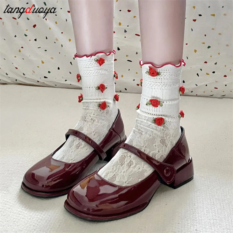 Retro red Mary Jane Shoes Women Thick Heels Ankle Buckle Lolita Shoes Woman Student French Square heel shallow mouth single shoe 241225