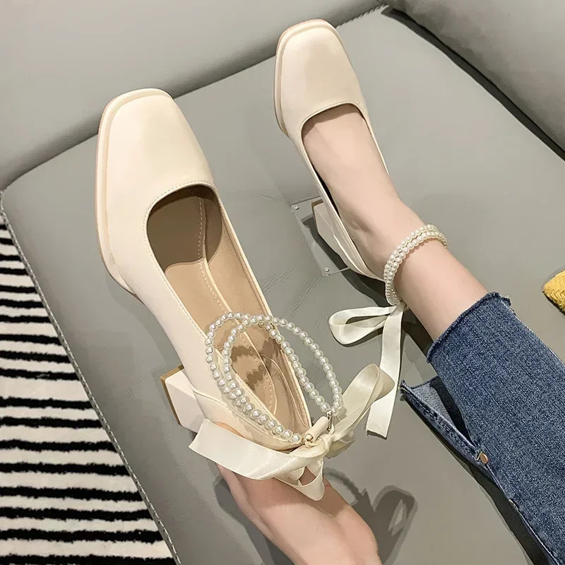 Womens High Heels Bow Tie Thick Heel Square Toe Womens Shoes Shallow Mouth Mary Jane Shoes Fashion Party Shoes Zapatos 241225
