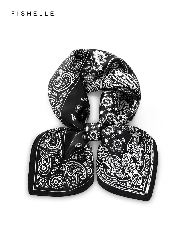 Black Paisley faux natural real silk scarves small square scarf hijab shawl gift headband 65cm men women wrap neckerchief 241225