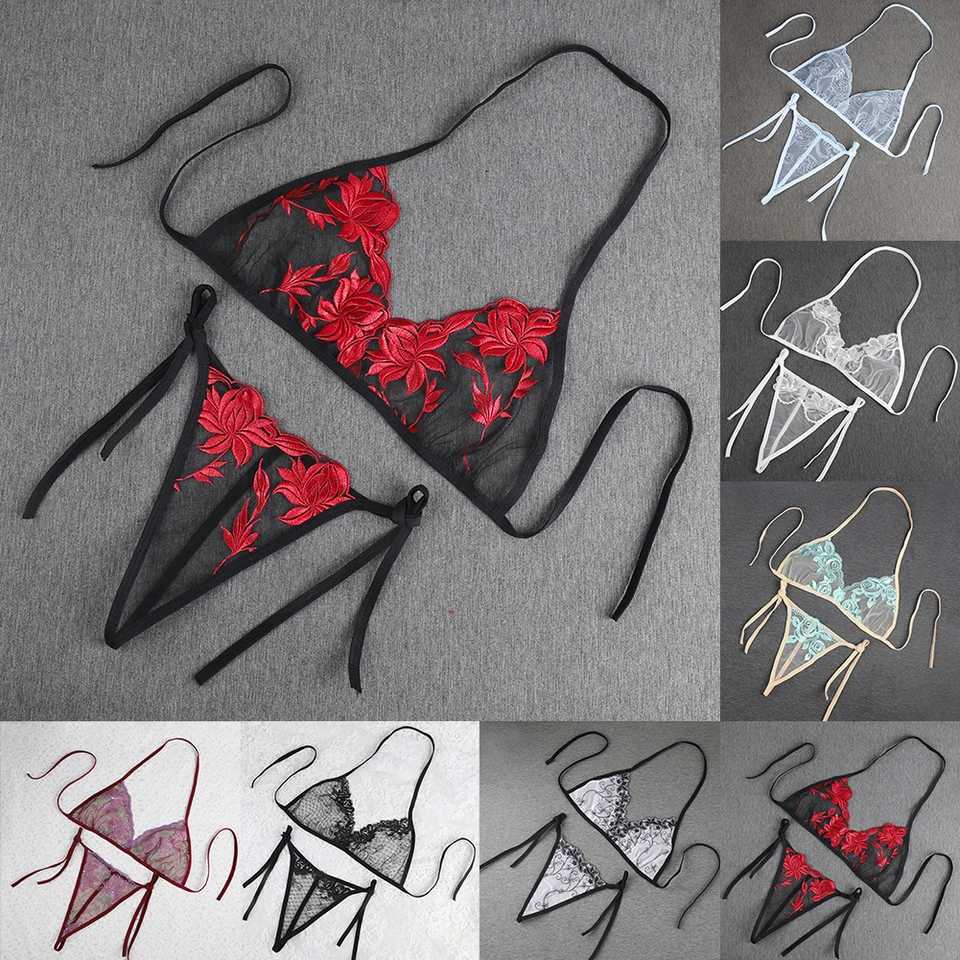 Sexy lingerie womens bikini embroidery flower 3-point transparent mesh lace up bra+thongW241225
