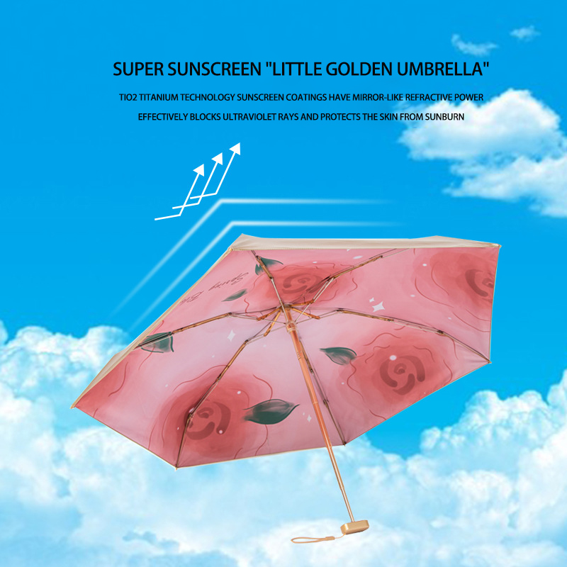 Custom Six-Fold Oil Painting Umbrella with Titanium Gold UV Protection for Women - Portable Folding Pocket Sunshade
