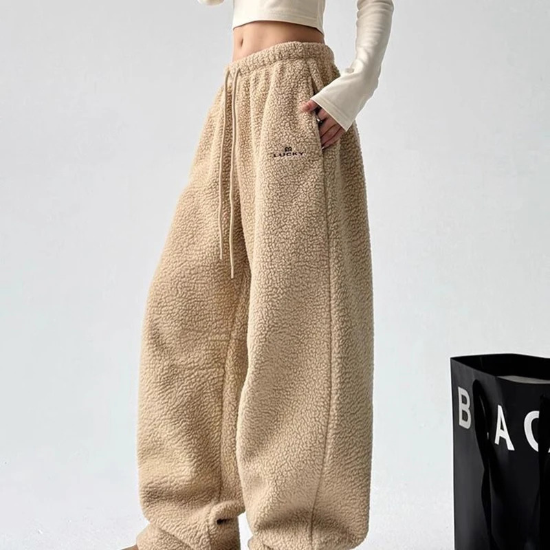 Casual thick sweat pants for women oversized Y2K Korean high waist wide leg khaki pants autumn loose warm cotton sole 241224