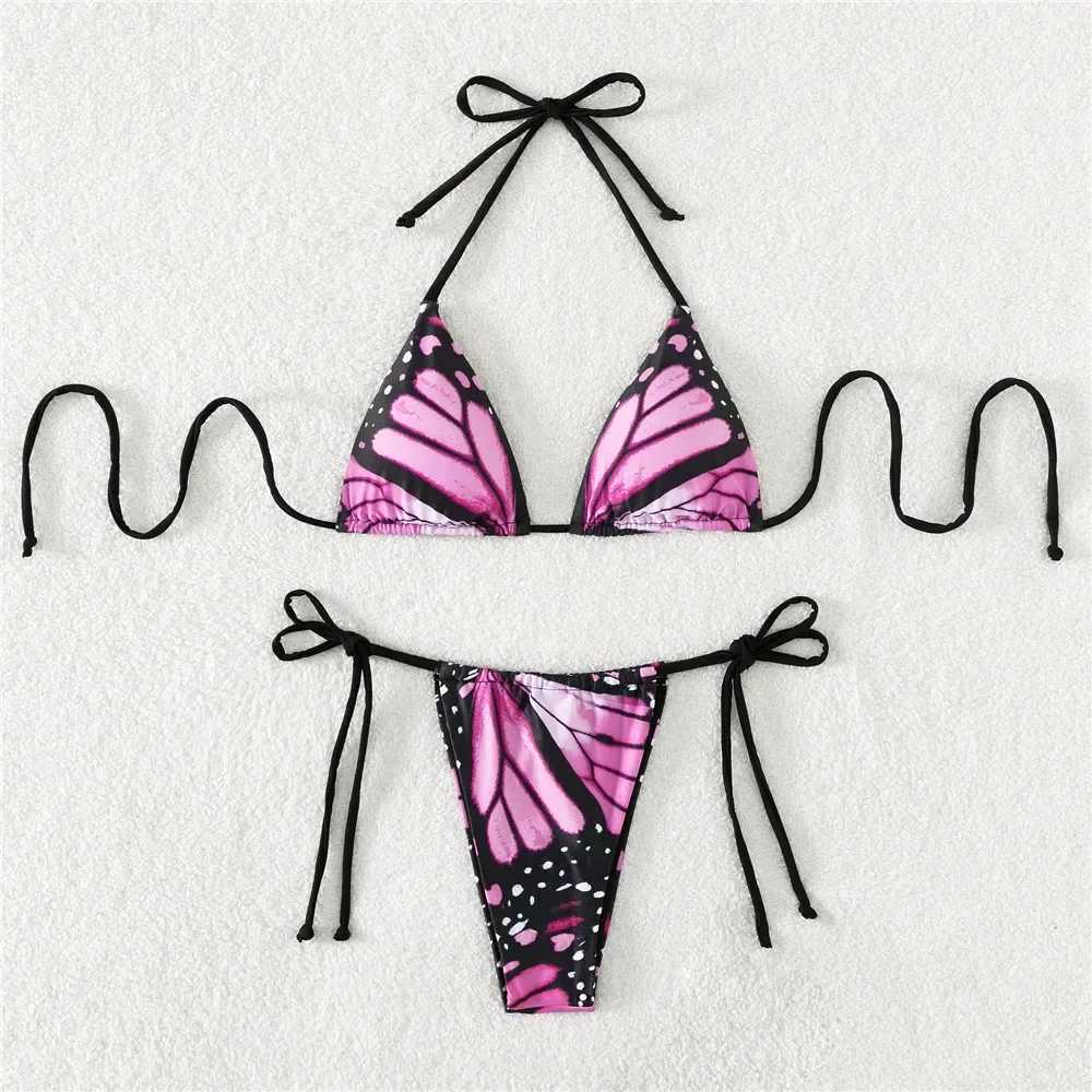 Sexy butterfly print swimsuit bead bikini set Micro Extremo mini thong swimsuit womens swimsuit triangle bikini 2024 MujerW241225
