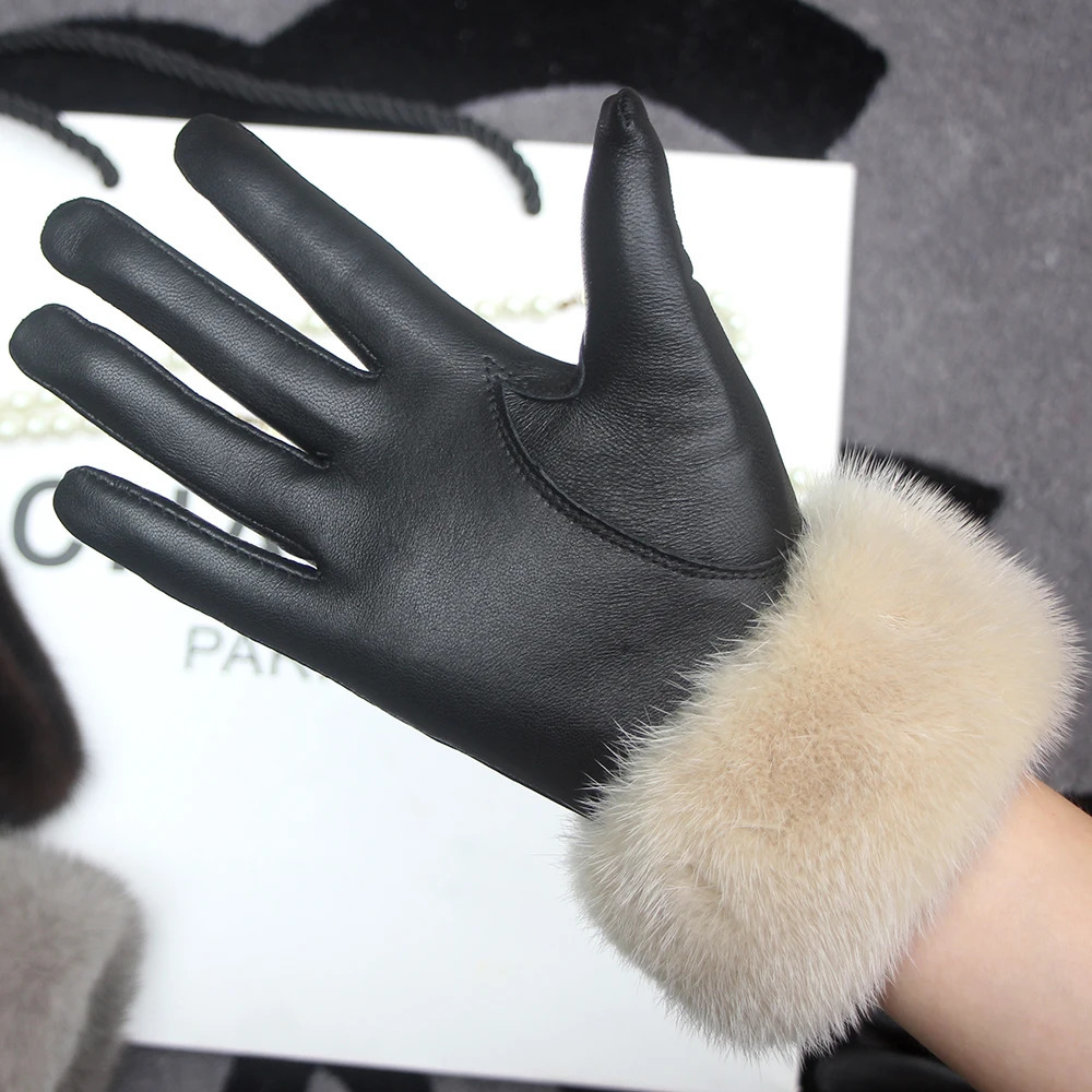 Women Real Mink Fur Gloves Soft Sheepskin Leather Gloves Winter Warmer 100% Real Mink Fur Mittens Female Genuine Gloves Guantes 241225