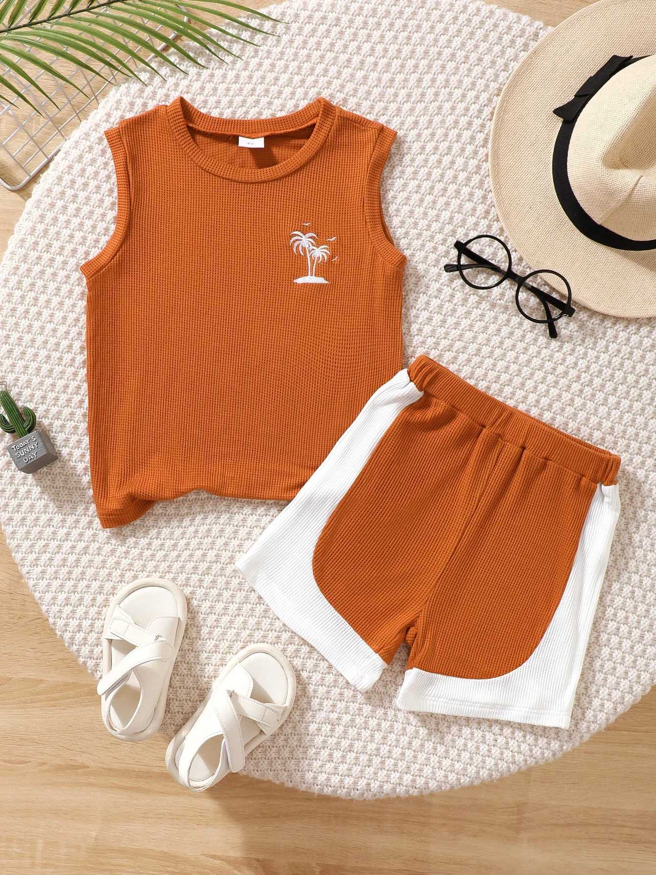Clothing Sets 2PCS Summer Kids Boy clothes Set Sleeveless vest knitt Fabric Solid Top+Shorts Fashion Sport Handsome Wear for Child 4-7 YearsY241225FV8
