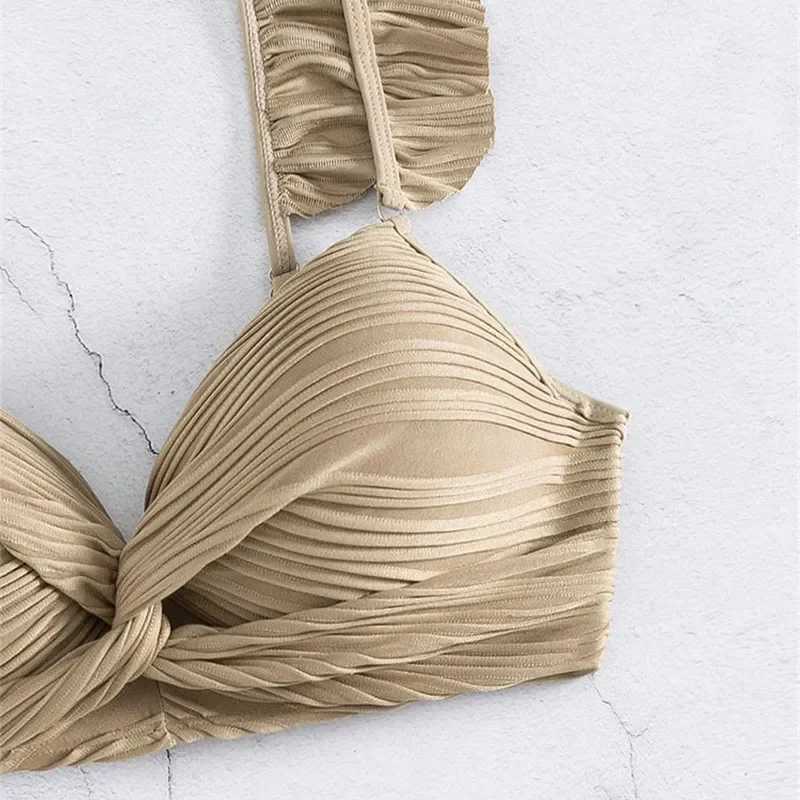 Sexy khaki ribbon swimsuit high waisted bikini set 2024 strapless swimsuit cross bandage Brazilian bikini swimsuitW241225