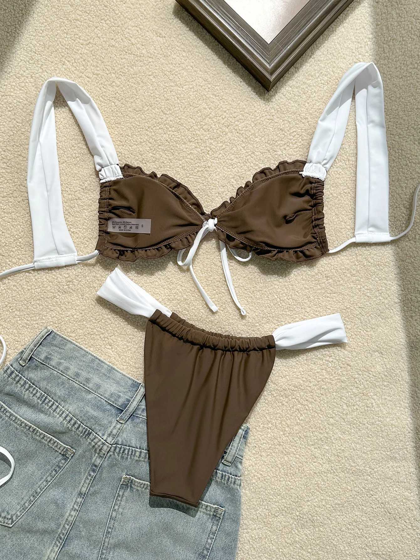 Miyouj 2024 bikini solid color swimsuit new sexy swimsuit womens swimsuit high cut swimsuit ruffled Biquini Block color bikini setW241225