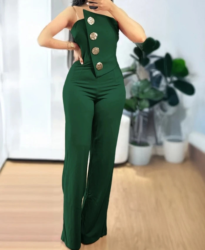 Sexy Asymmetrical Bandeau Strapless Jumpsuit Metal Button Decor Casual Overalls 2025 Woman Long Jumpsuits Elegant 241225