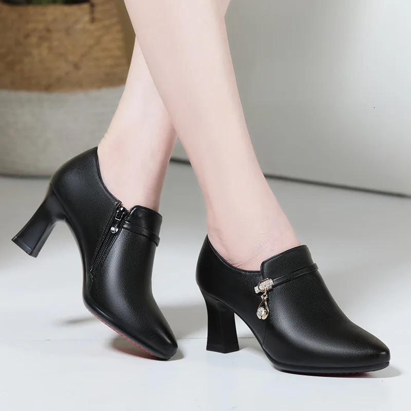 Spring Autumn Comfortable Fashion Deep Mouth Soft Leather Shoes Womens Platform Pumps Office Fall Med Block Heels Versatile 241225