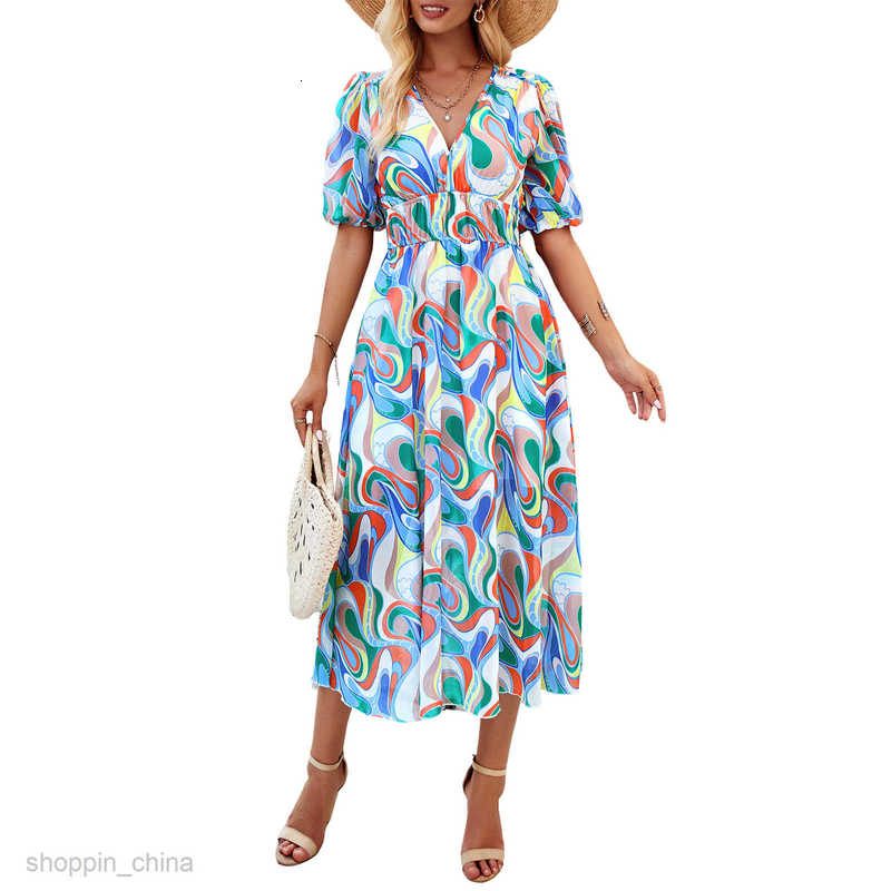 dresses for woman dress women's spring/summer vacation casual print waist cinched V-neck short sleeved long skirt