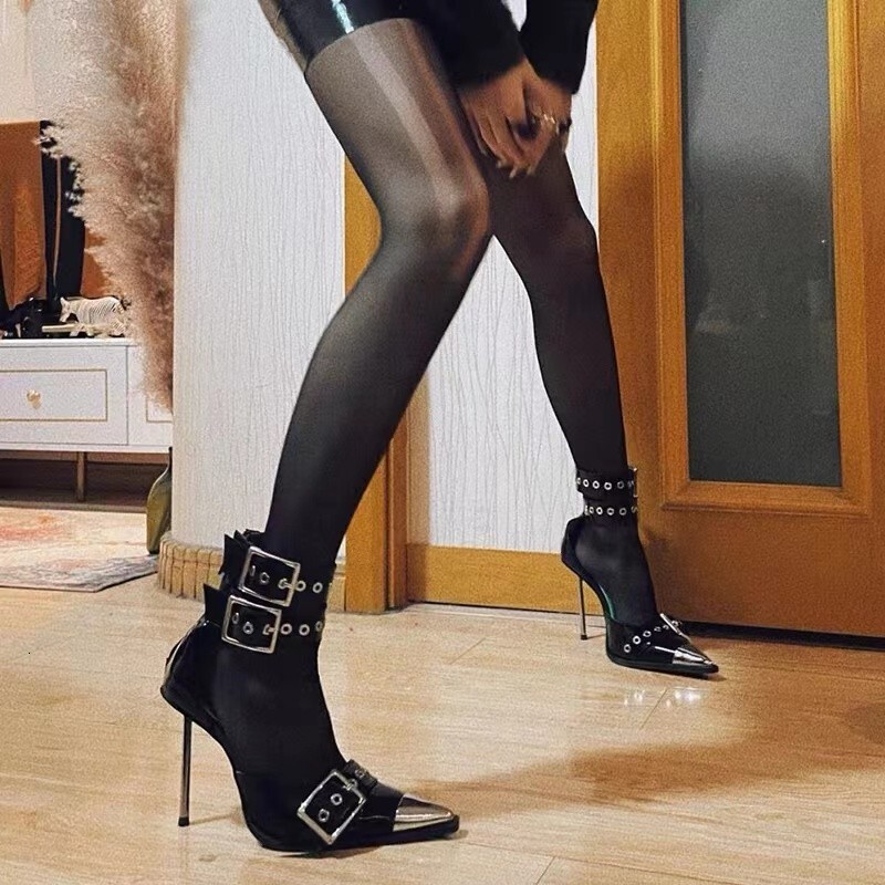 2024 New Ultra-Fine Punk Style Rivet High Heel Women's Pointed Metal Belt Hollow-Out Fashion Bao Head Roman Sandals