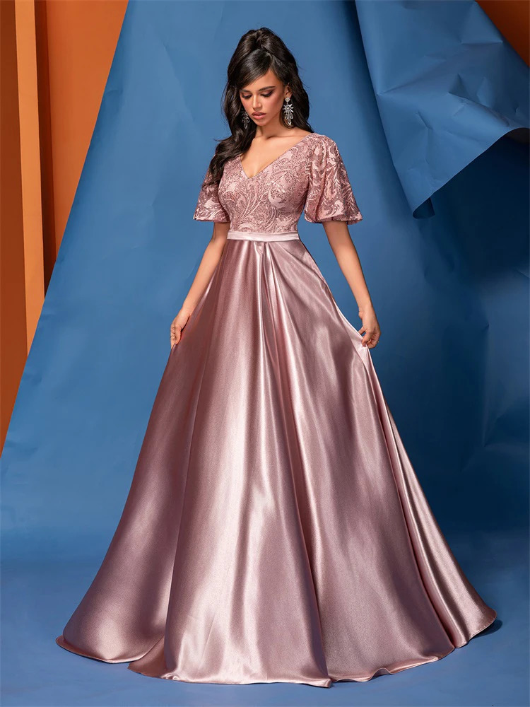 XUIBOL Elegant Short Sleeve Pink Satin Formal Evening Dress Long Women Mermaid Wedding Party Dress Cocktail Prom 241223
