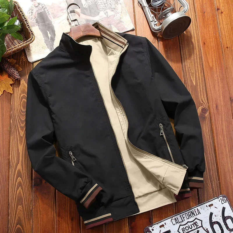 Mens Windbreaker Doublesided Wear Jackets Men Baseball Pilot Bomber Stand Collar Jacket Hip Hop Streetwear Coat Solid Color 241225