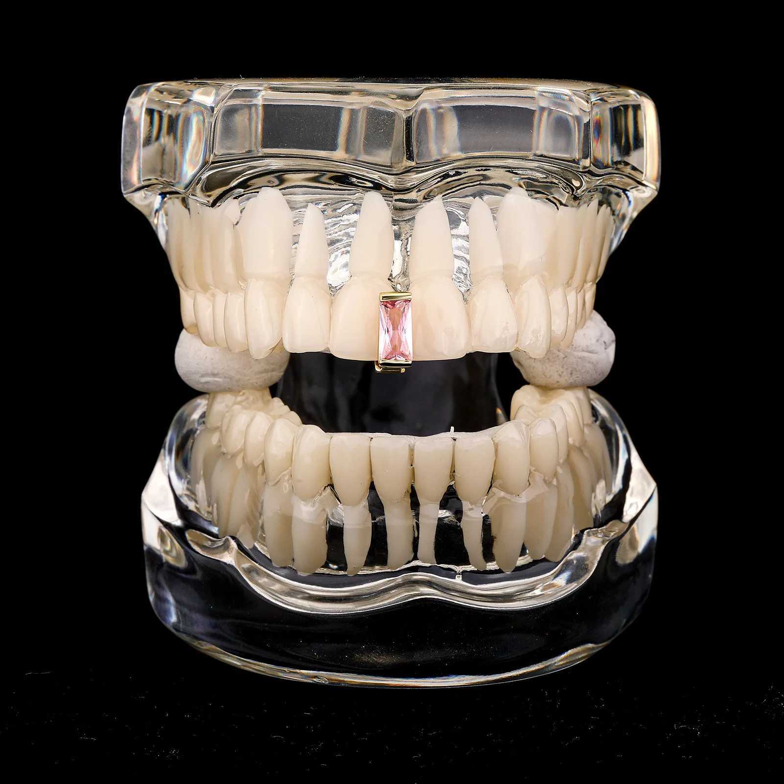 RACHELZ Hip Hop Single Pink Green Zircon Vertical Row Teeth Grill 14K Gold Plated Crystal Tooth Cs For Women Men JewelryXJ241225